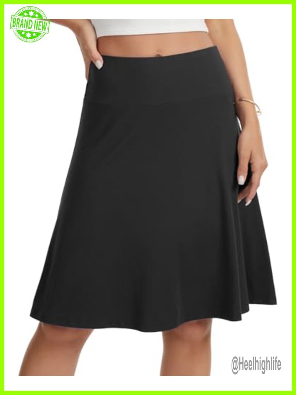 Soft Knit Knee Length High Waisted A-Line Skater Skirt Casual